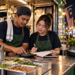 Amir and Chloe reviewing daily sales and expenses at their Malaysian food truck