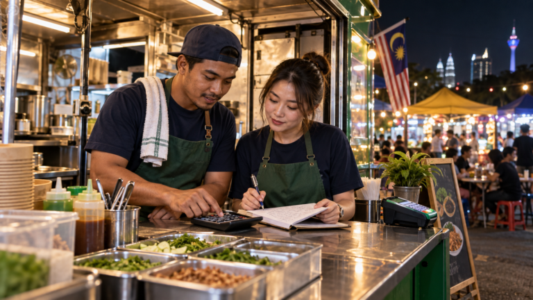 Amir and Chloe reviewing daily sales and expenses at their Malaysian food truck
