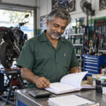 Ravi menyemak rekod kerja dan stok alat ganti di bengkel motosikal