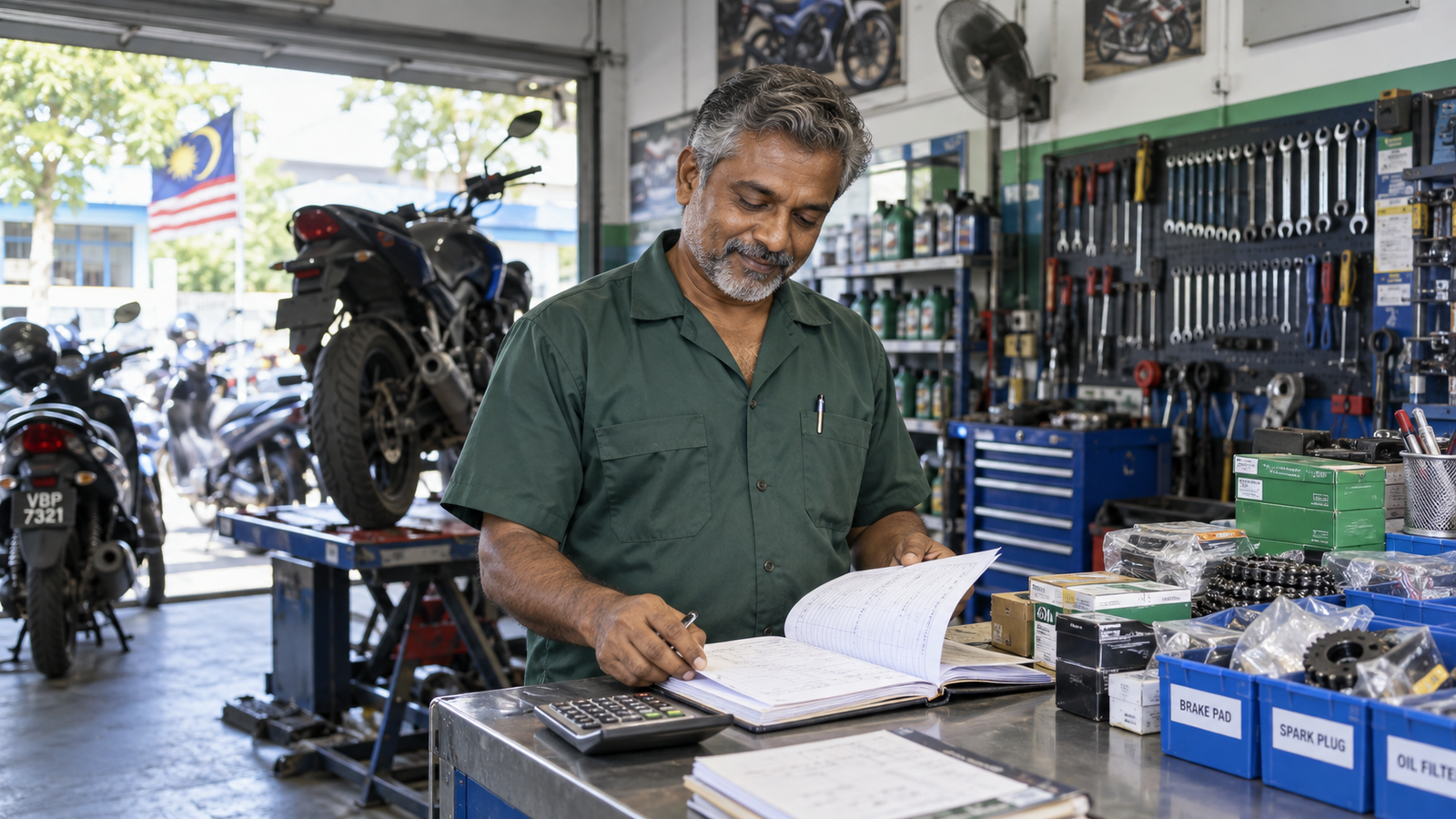 Ravi menyemak rekod kerja dan stok alat ganti di bengkel motosikal