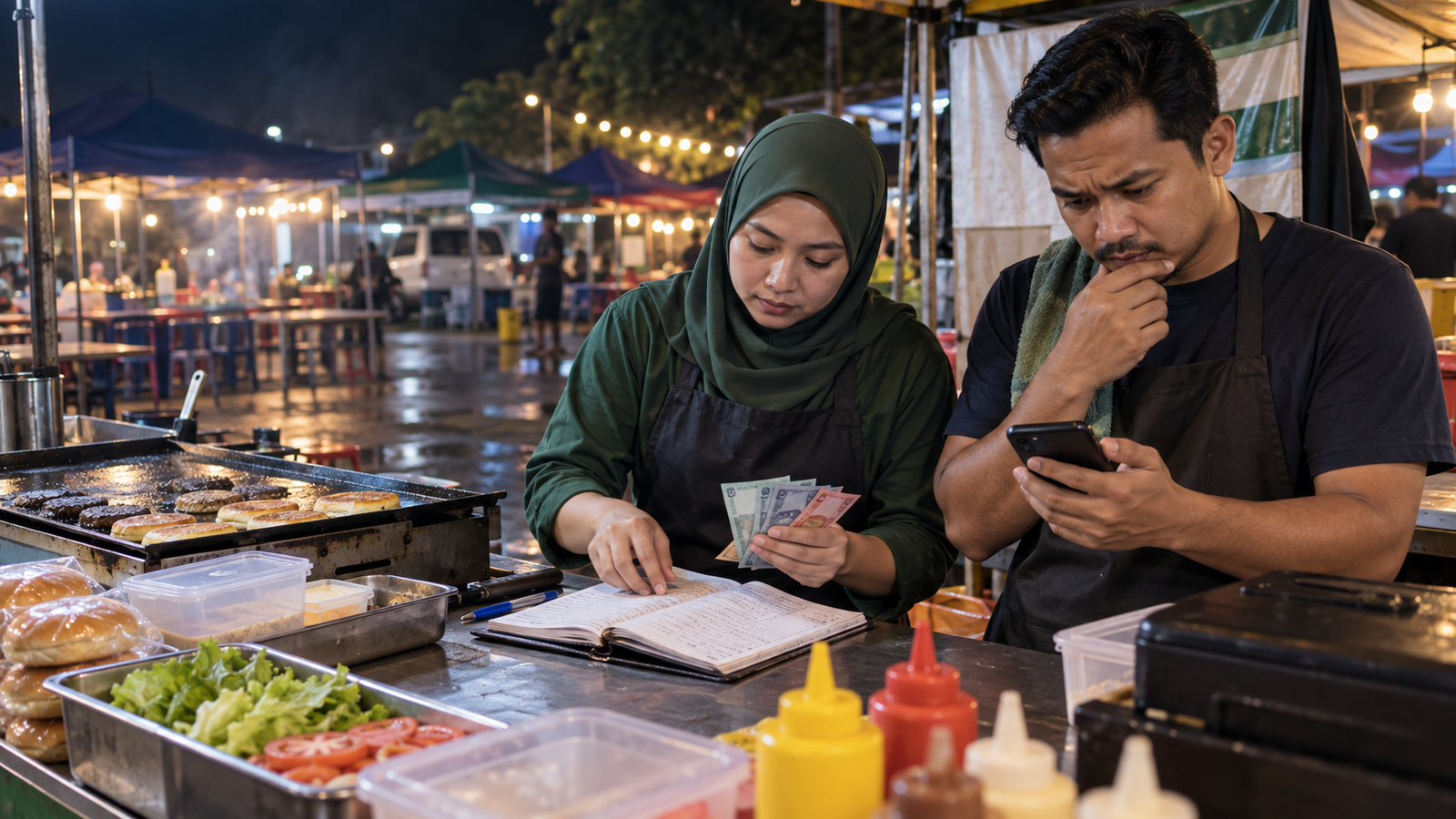 Farah dan Hakim menyemak jualan, modal dan aliran tunai gerai burger pasar malam