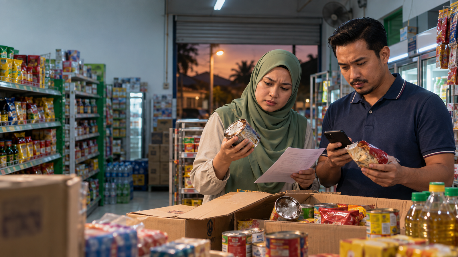 Farah dan Hakim memeriksa stok rosak dan luput di kedai runcit
