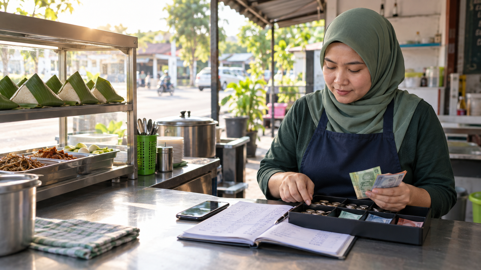 Kak Lina menyemak jualan harian, wang tunai dan rekod perniagaan di gerai nasi lemak